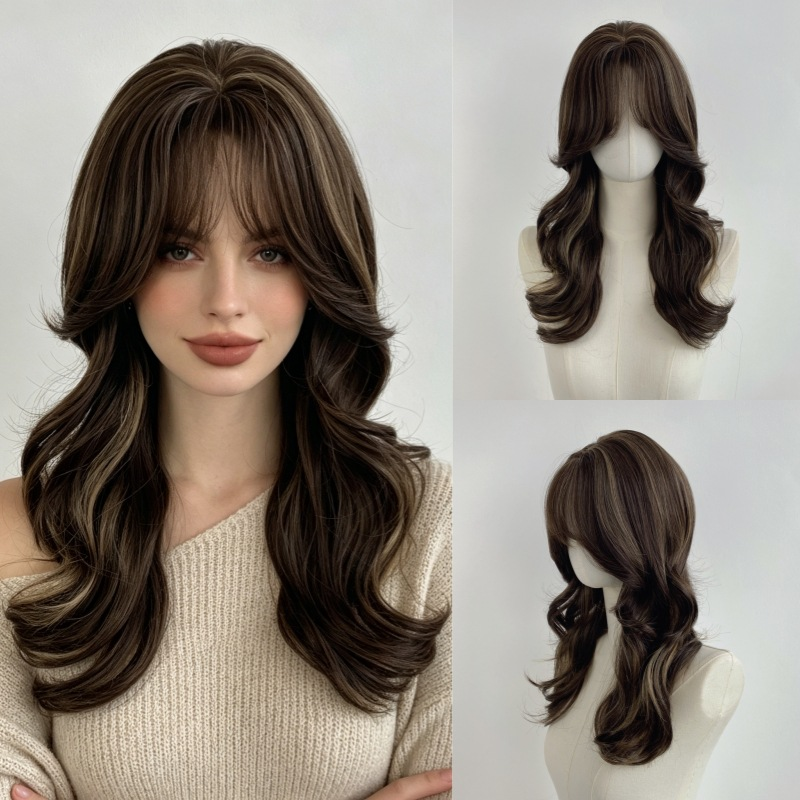 MG5008 cool brown wavy synthetic wig with curtain bangs: two headstand product views beside a supplier styling illustration