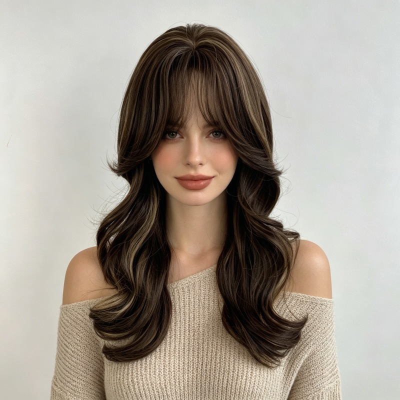 Supplier-provided front styling illustration of a cool brown wavy wig with curtain bangs; not a verified actual wearer photo