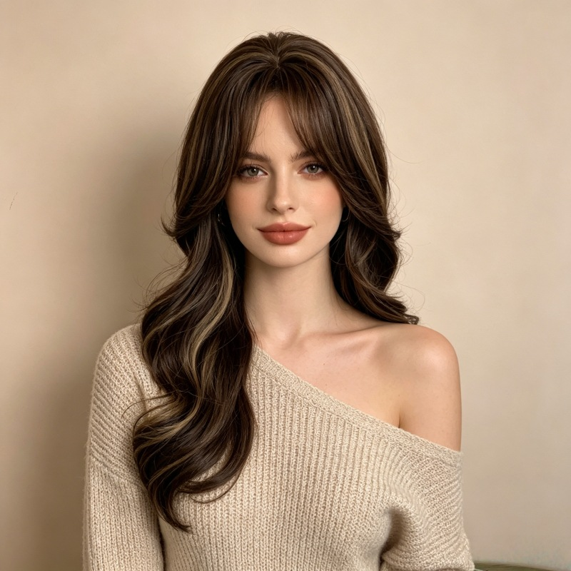 Supplier-provided styling illustration of a cool brown layered wavy wig with curtain bangs and lighter streaks; not a verified actual wearer photo