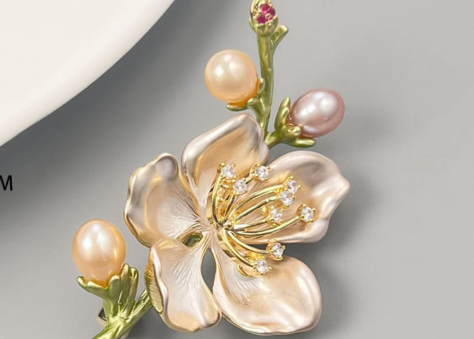 Freshwater Pearl Flower Brooch Pin – Enamel Floral Brooch in 5 Colors, Gold-Plated