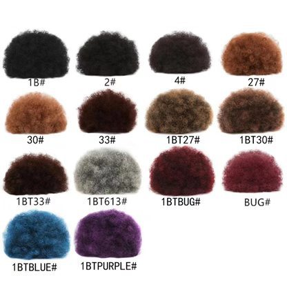 Supplier color chart for the synthetic afro puff bun. Color 2 is shown in the top row, second from the left. One hairpiece per order.