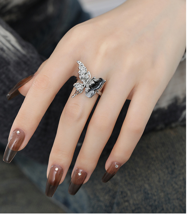 Ink-Wash Butterfly Ring – Sculptural Silver Adjustable Statement Ring
