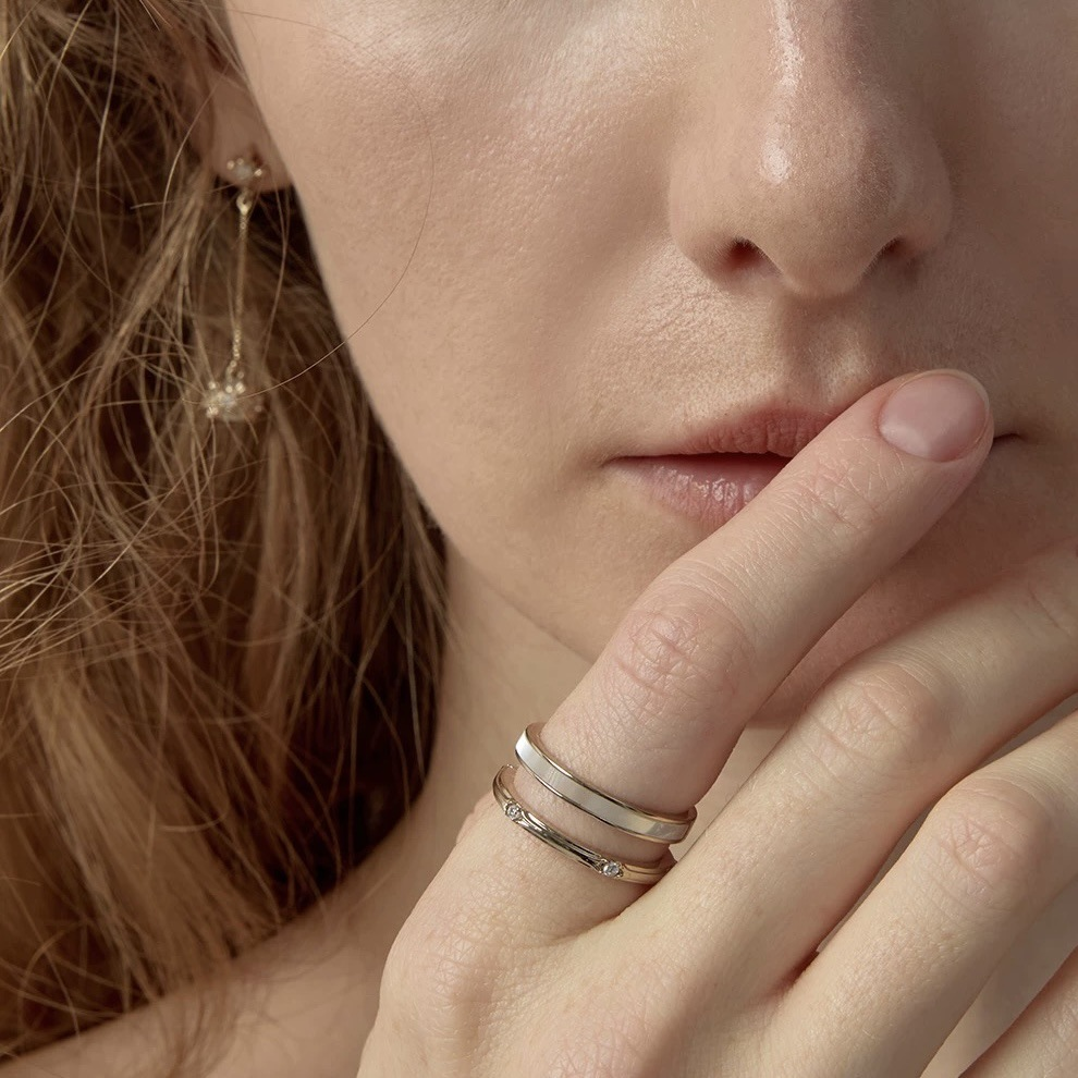 Mother of Pearl Double Band Ring – Adjustable Open Ring with Zirconia Inlay, Titanium Gold / Silver