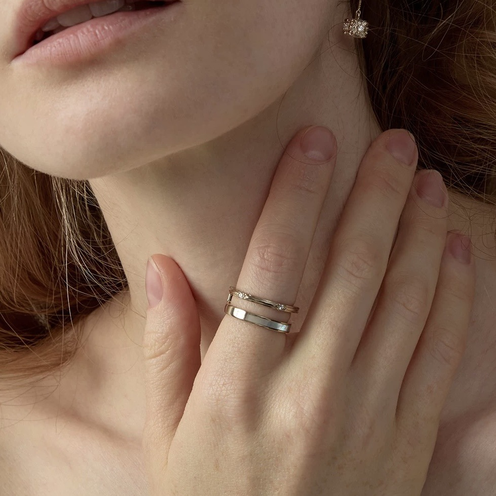 Mother of Pearl Double Band Ring – Adjustable Open Ring with Zirconia Inlay, Titanium Gold / Silver