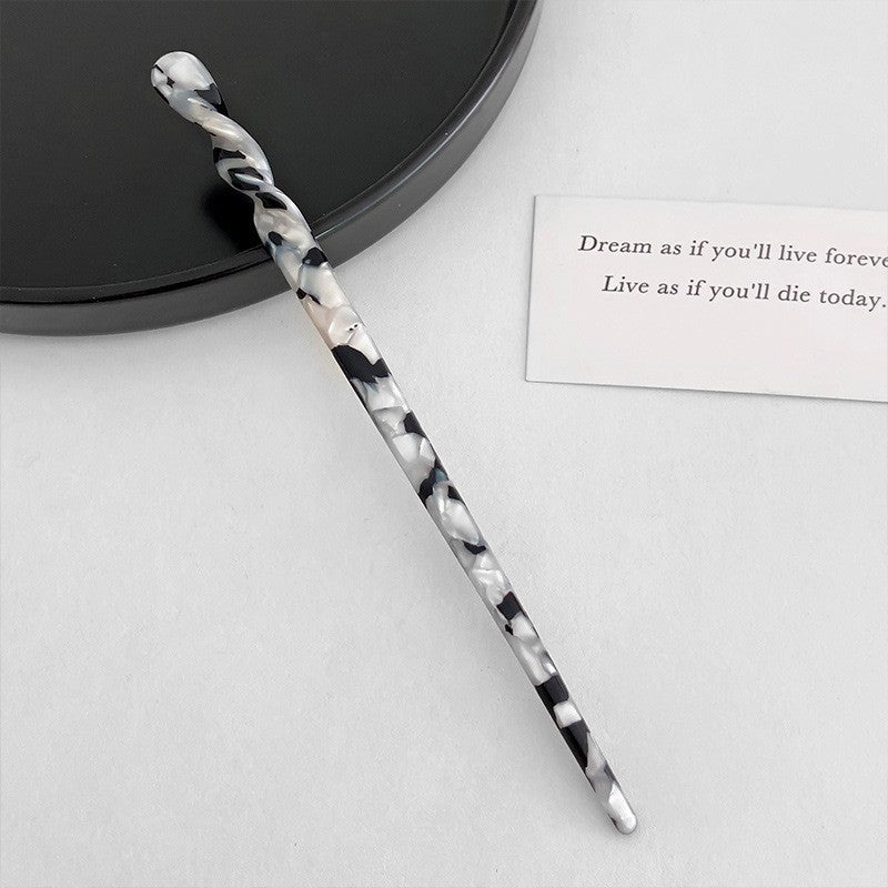Twisted Acetate Hair Stick in Black & White Marble
