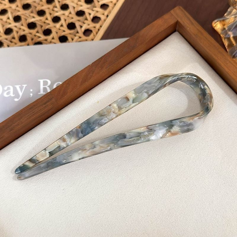 Acetate U-Shaped Hair Fork – 13 cm in Blue-Grey Marble