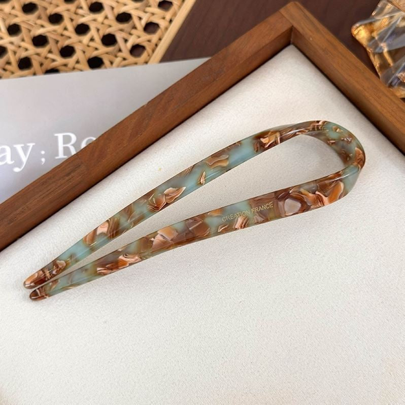 Acetate U-Shaped Hair Fork – 13 cm in Green & Brown Mosaic
