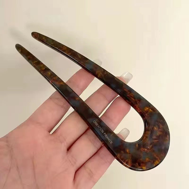 Acetate U-Shaped Hair Fork – 14 cm in Blue & Brown Marble