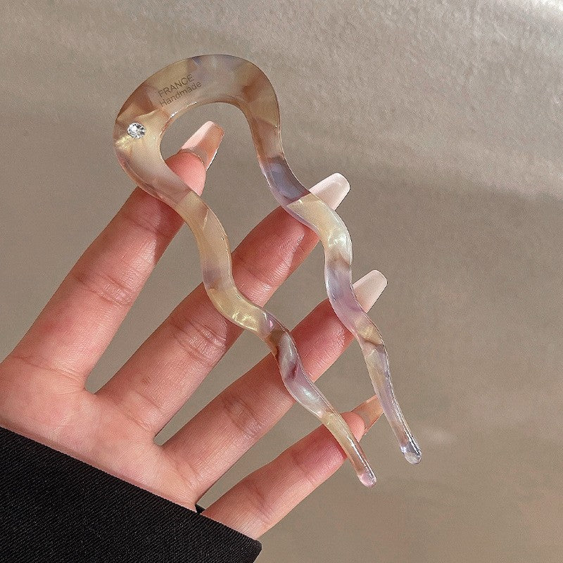 Wavy Acetate U-Shaped Hair Fork in Pearlescent Purple
