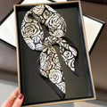 Ivory Rose Outline printed square scarf, tied in a loose knot; design Z2-19302