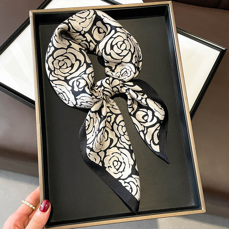 Ivory Rose Outline printed square scarf, tied in a loose knot; design Z2-19302