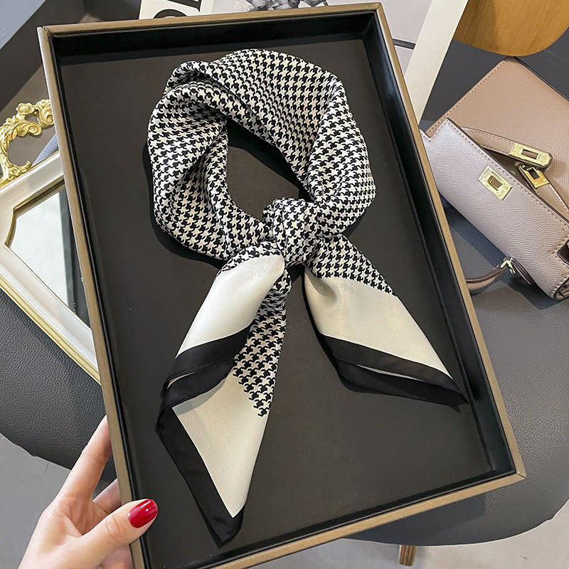 Black Houndstooth printed square scarf, tied in a loose knot; design Z2-19304