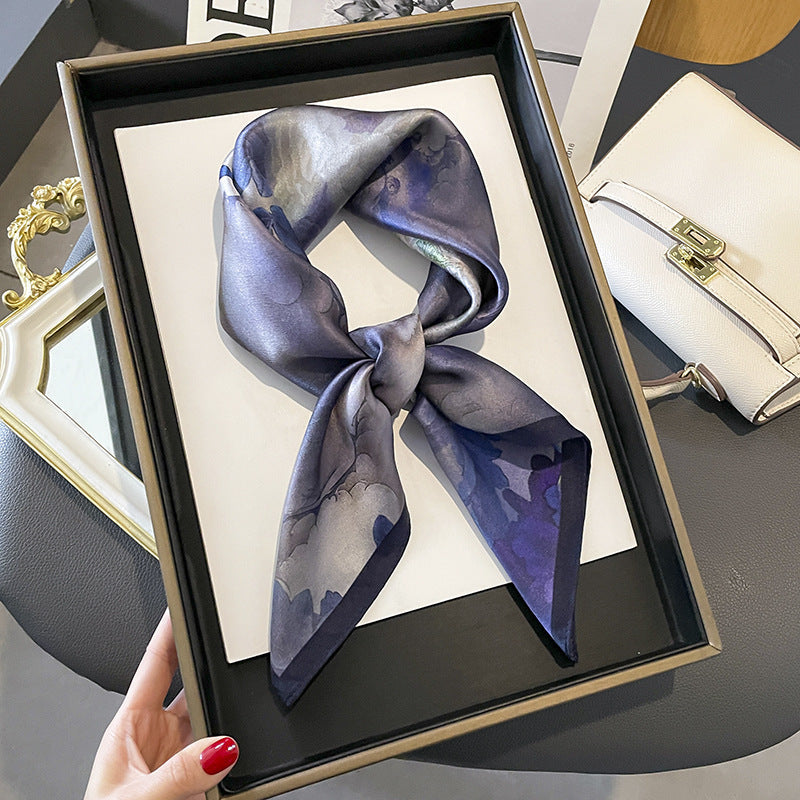 Lavender Floral printed square scarf, tied in a loose knot; design Z2-19307
