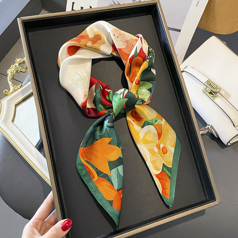 Orange Garden printed square scarf, tied in a loose knot; design Z2-19308