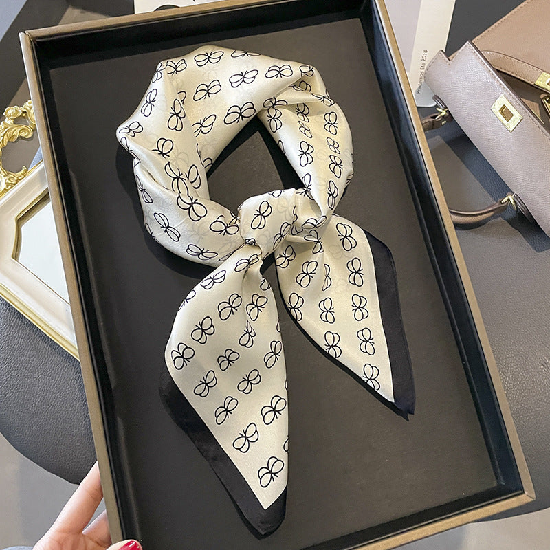 Ivory Butterfly printed square scarf, tied in a loose knot; design Z2-19325