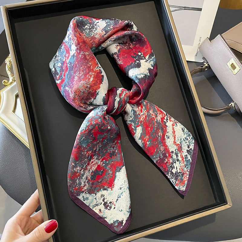 Crimson Abstract printed square scarf, tied in a loose knot; design Z2-19327