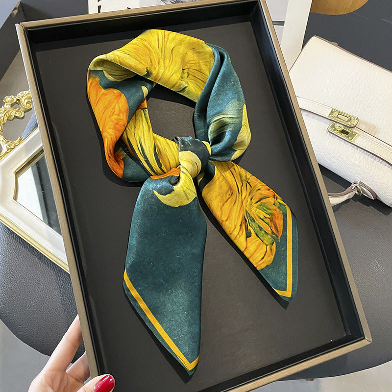 Teal Golden Floral printed square scarf, tied in a loose knot; design Z2-19328