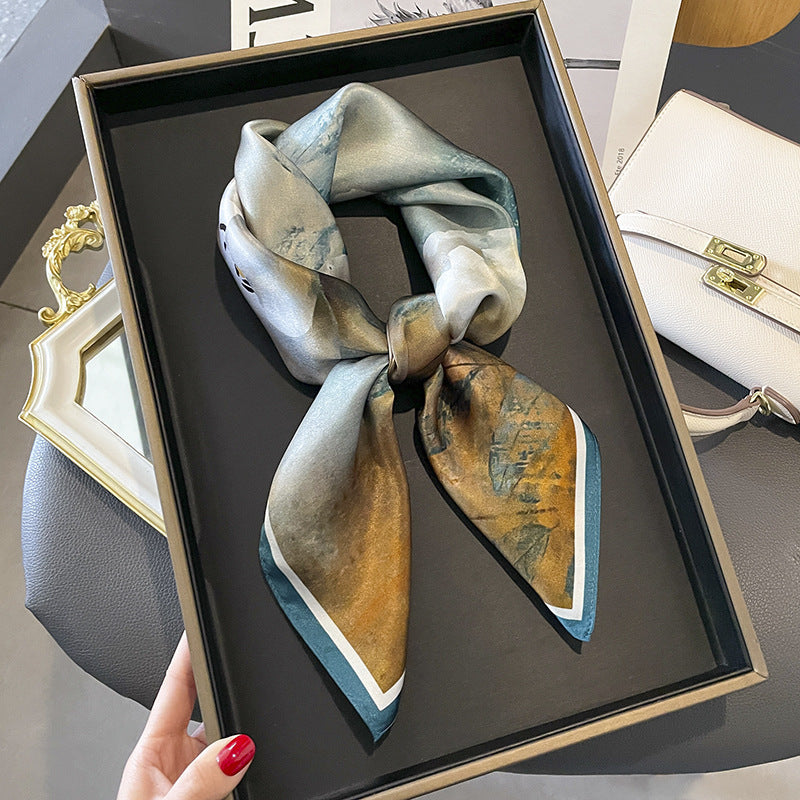Blue Gold Landscape printed square scarf, tied in a loose knot; design Z2-19329