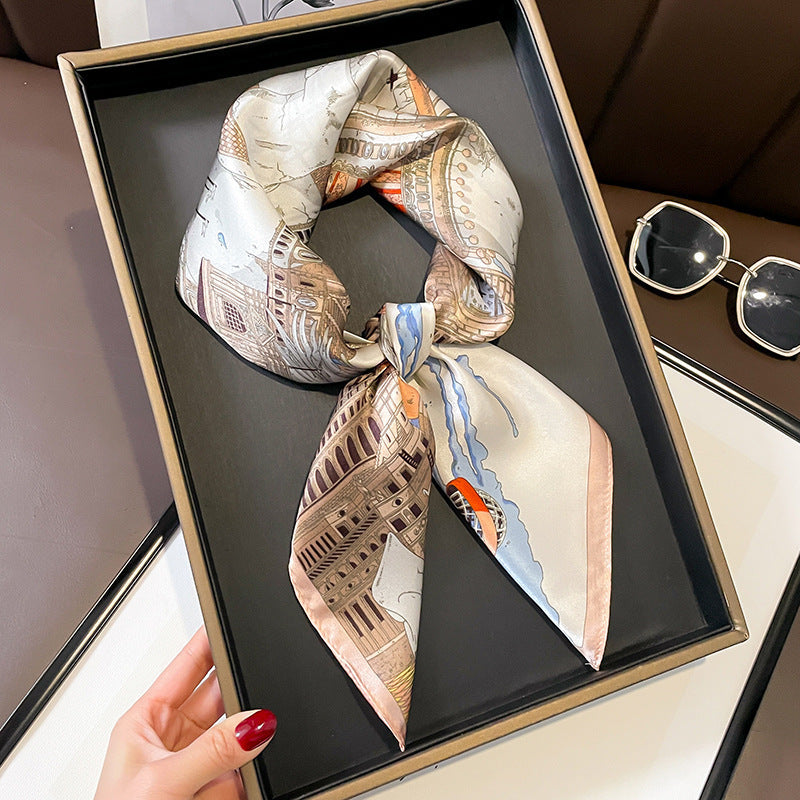 Blush Architecture printed square scarf, tied in a loose knot; design Z2-19331