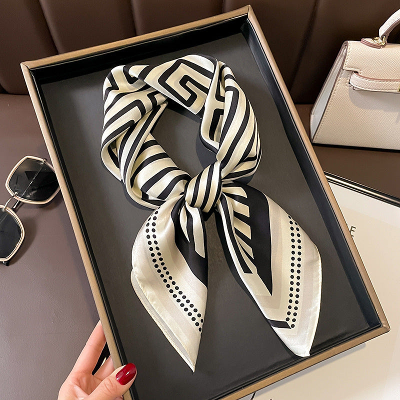 Black Geometric Lines printed square scarf, tied in a loose knot; design Z2-19332