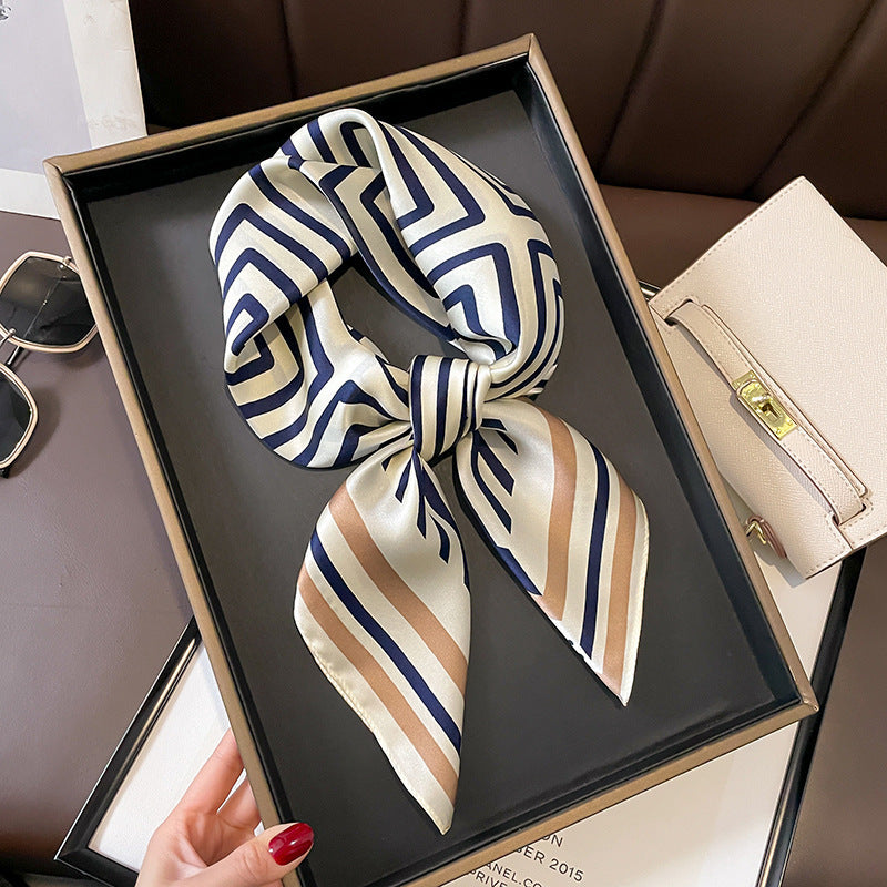 Navy Tan Geometric Lines printed square scarf, tied in a loose knot; design Z2-19332