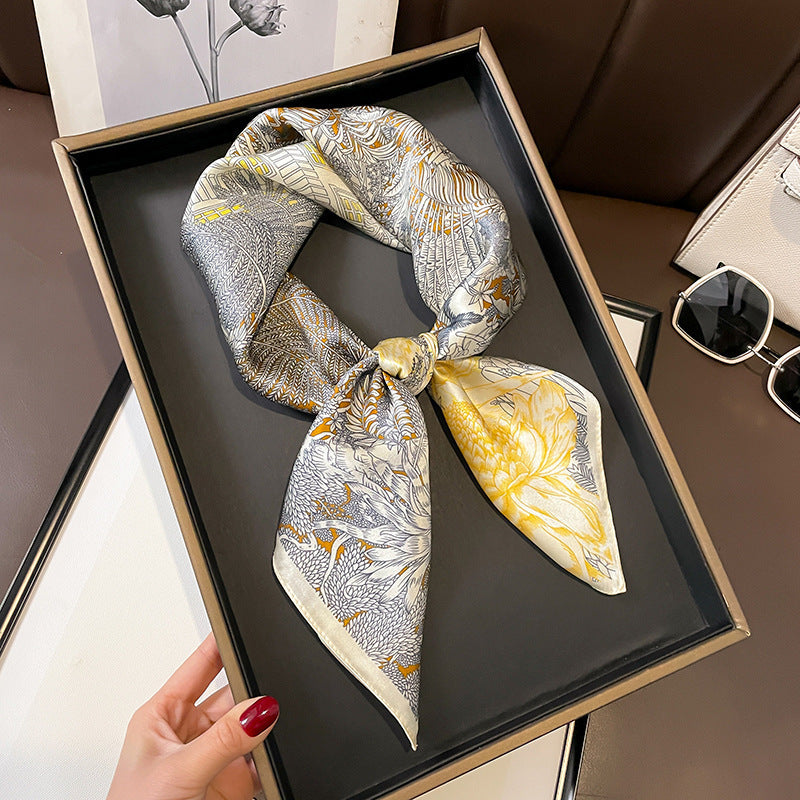 Gold Jungle printed square scarf, tied in a loose knot; design Z2-19334