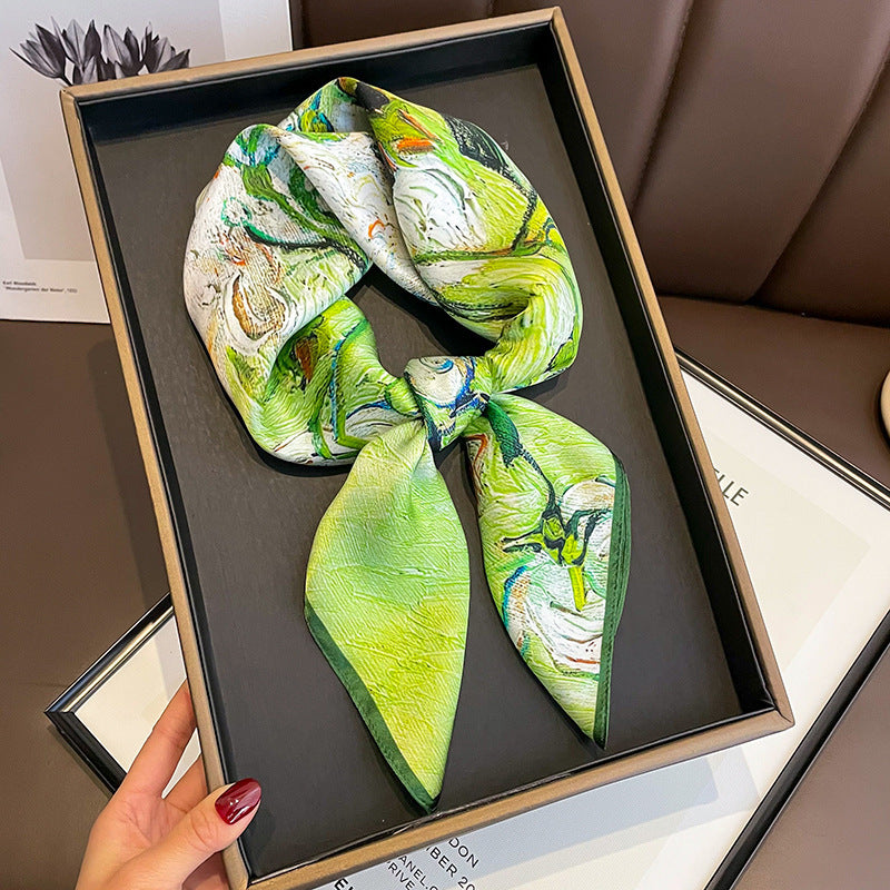 Lime Painterly printed square scarf, tied in a loose knot; design Z2-19335