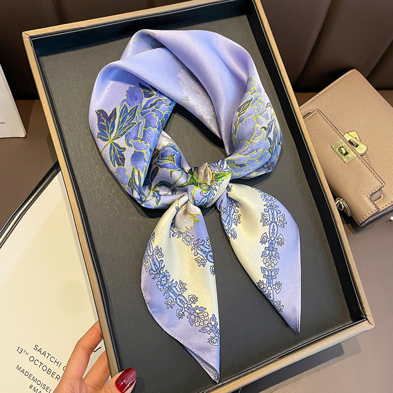 Lilac Ornamental Floral printed square scarf, tied in a loose knot; design Z2-19338