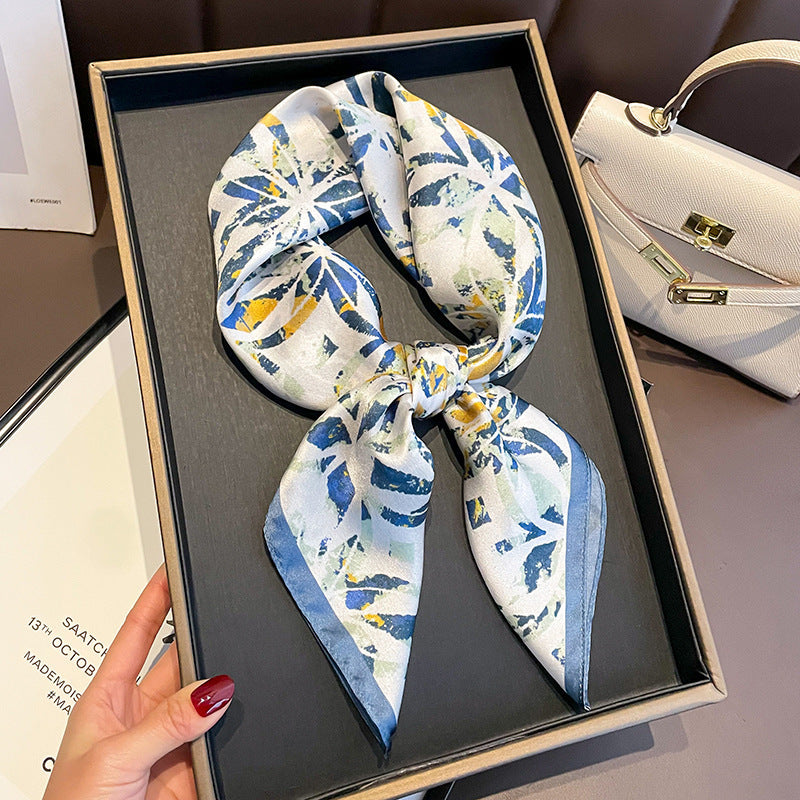 Blue Botanical Abstract printed square scarf, tied in a loose knot; design Z2-19339