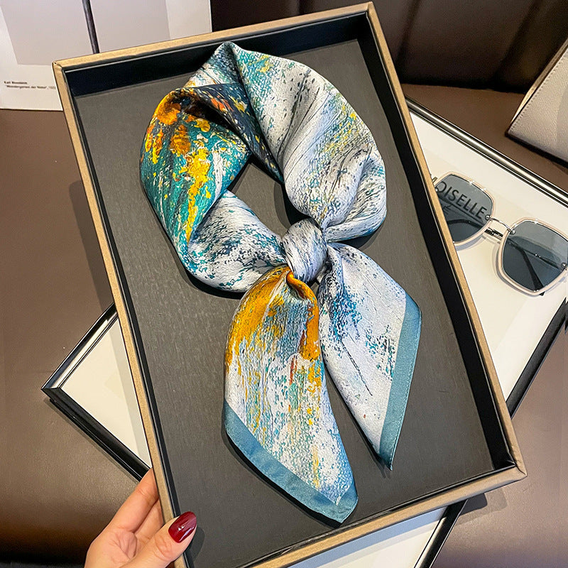 Teal Gold Painterly printed square scarf, tied in a loose knot; design Z2-19340