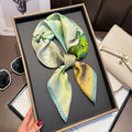 Sage Watercolor printed square scarf, tied in a loose knot; design Z2-19341