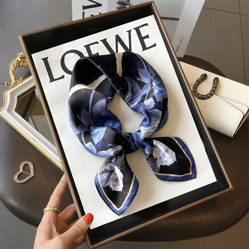 Midnight Blue Roses printed square scarf, tied in a loose knot; design Z2-19347