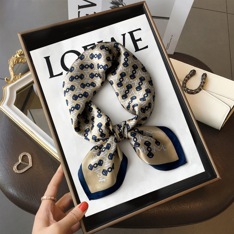 Tan Navy Oval Motifs printed square scarf, tied in a loose knot; design Z2-19369