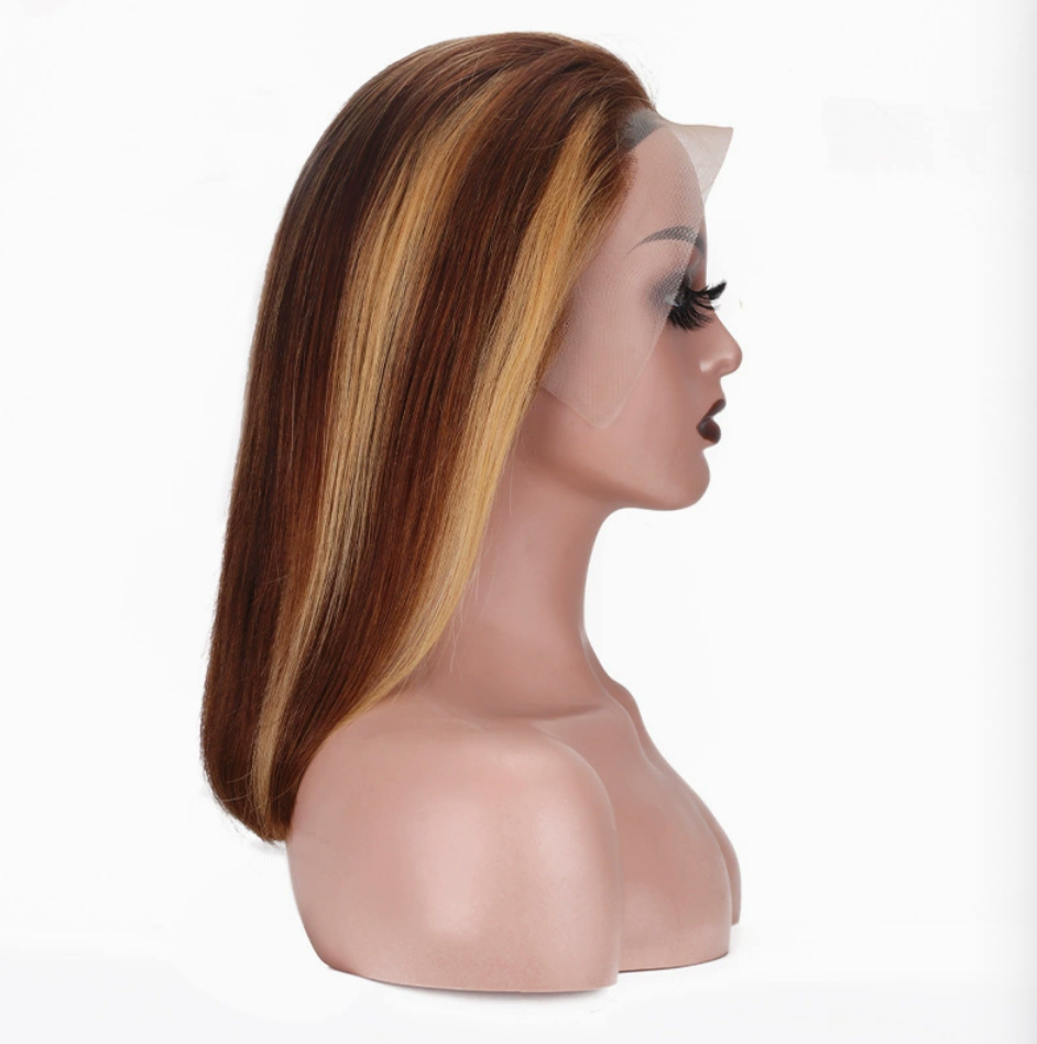 Side view of the 4/27 brown and honey-blonde highlight bob wig on a mannequin