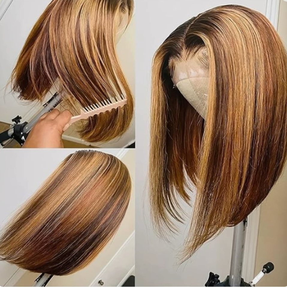 Supplier product views showing the 4/27 highlight pattern, straight texture and front lace on a wig stand
