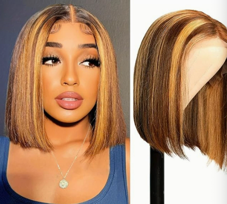 Supplier styling reference showing a brown and honey-blonde highlight bob on a model and a wig stand