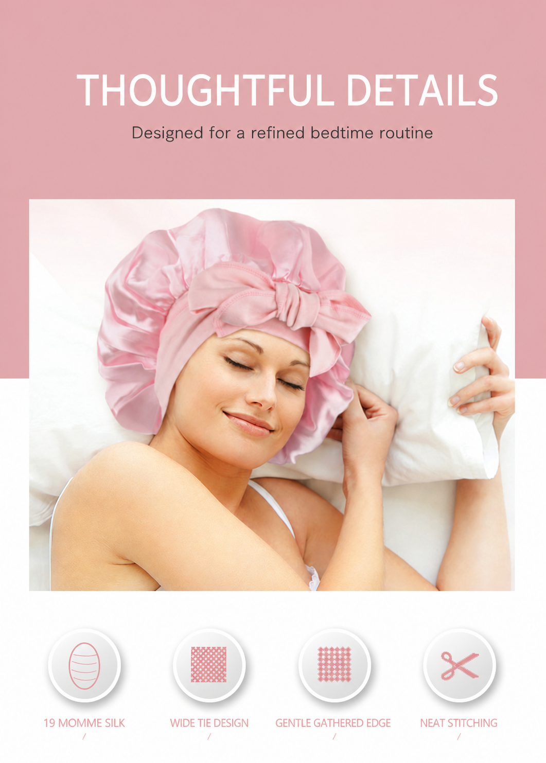 Woman resting in a lotus pink silk sleep bonnet with gathered edge and wide ties