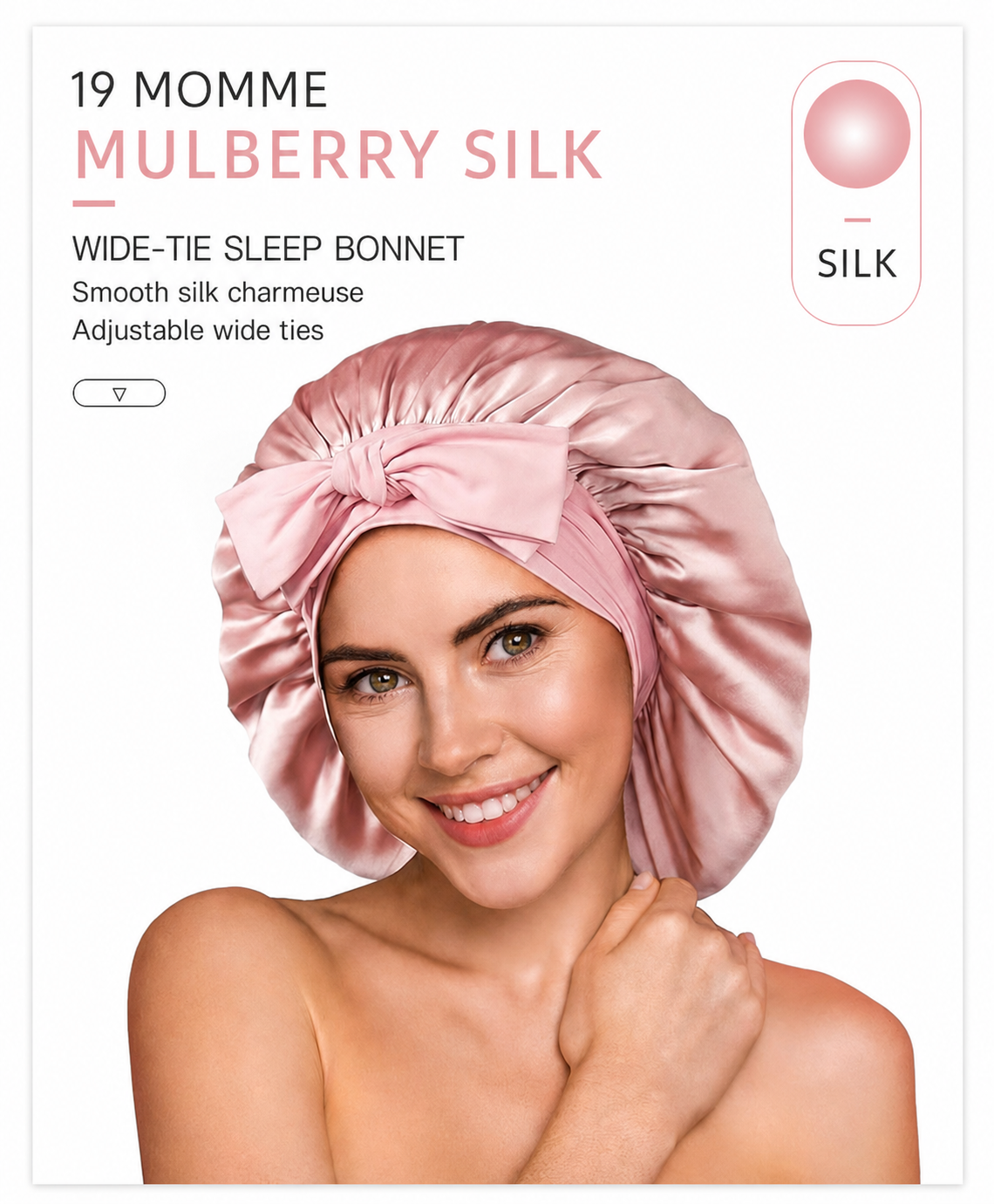 Woman wearing a lotus pink 19 momme mulberry silk wide-tie sleep bonnet