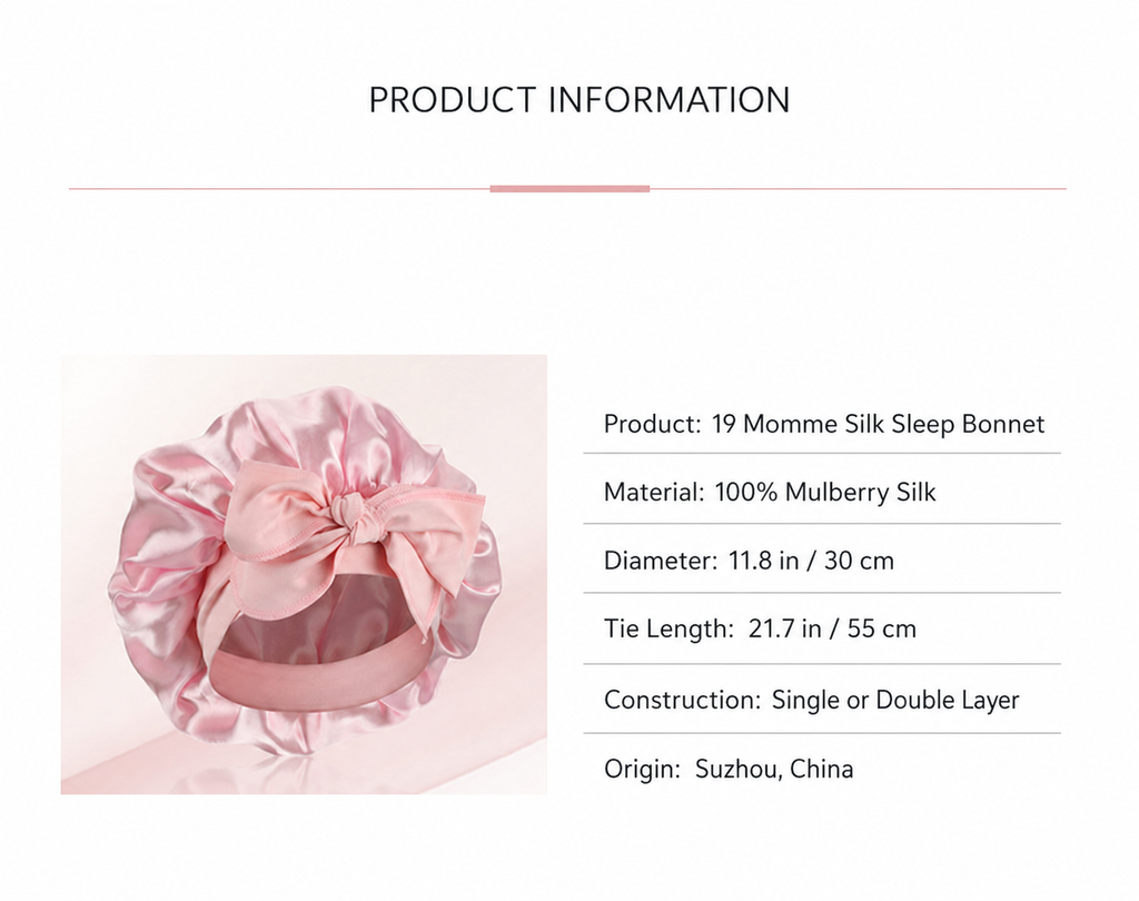 19 momme mulberry silk sleep bonnet materials dimensions and construction options