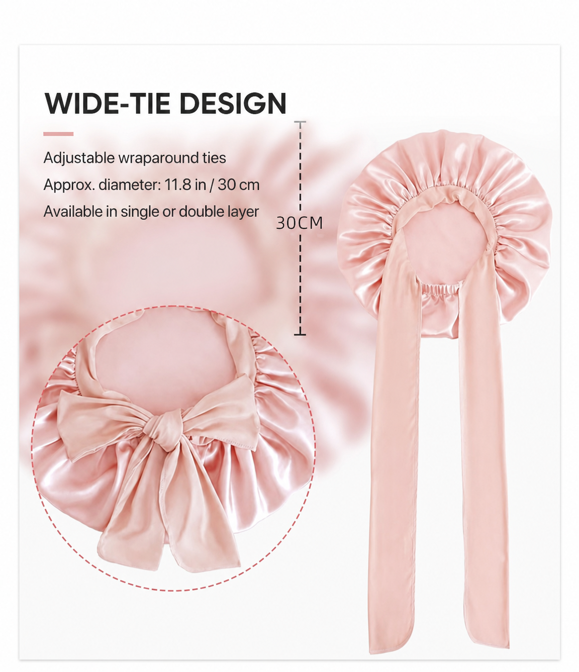 Wide-tie silk sleep bonnet with adjustable wraparound ties and 30 cm diameter