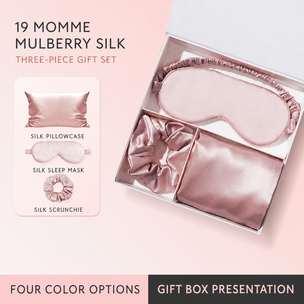 NOOKLIVA 19 momme mulberry silk three-piece gift set with sleep mask, pillowcase and scrunchie