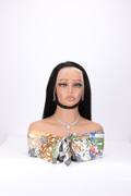 Front view of a 1B black human hair bob wig with uncut lace on a mannequin