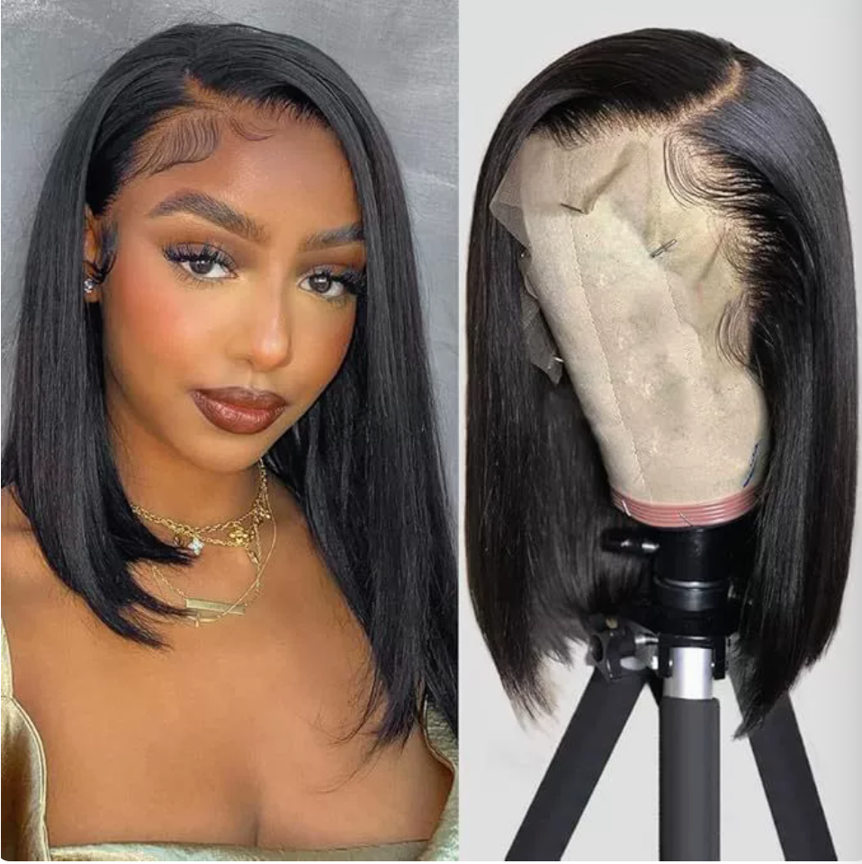 Supplier styling reference showing a black bob wig on a model and a wig stand
