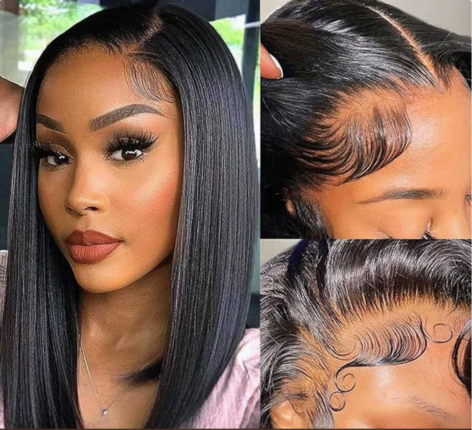 Supplier styling reference showing a black bob and close-up views of styled parting and edges