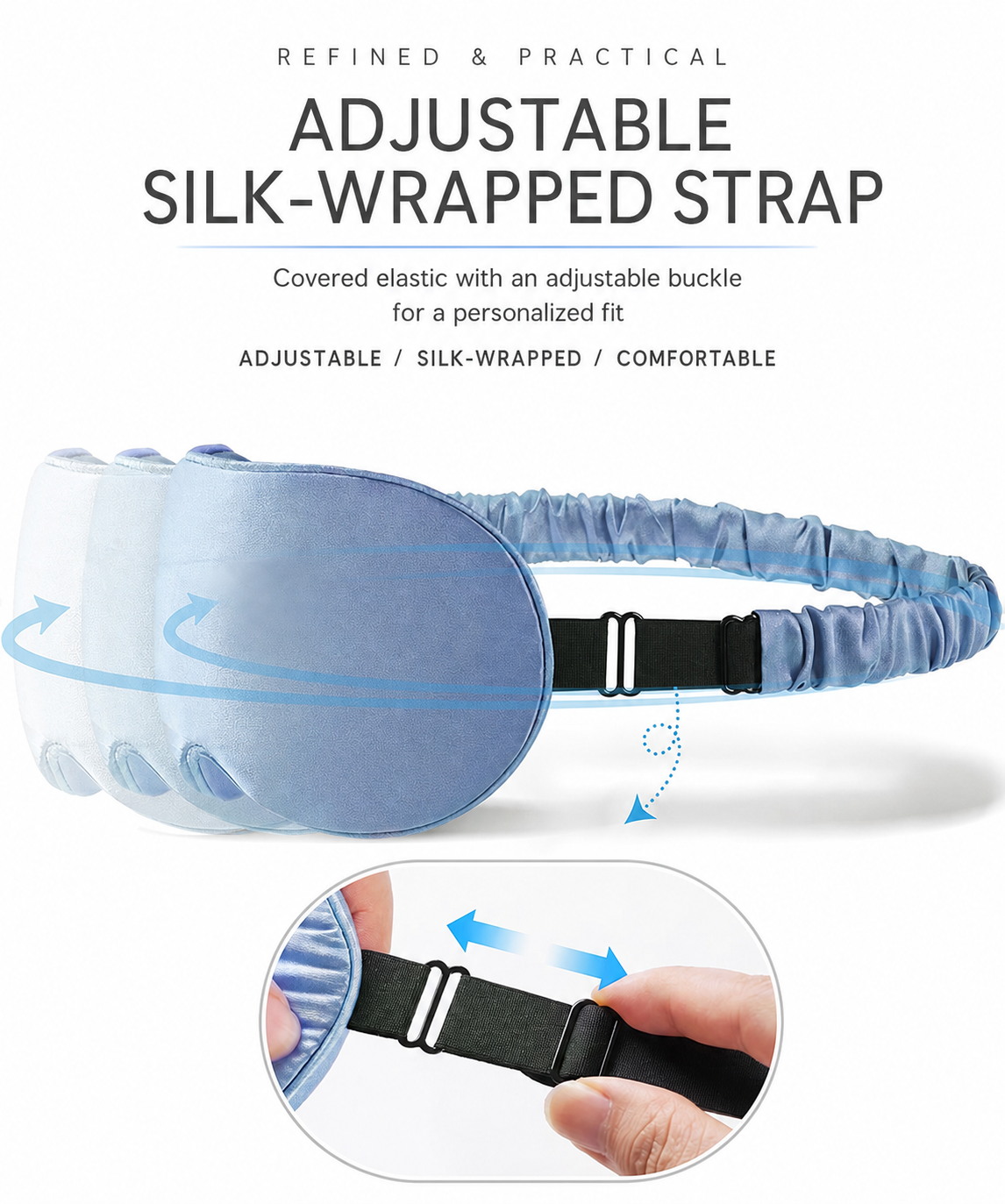 Adjustable buckle and silk-wrapped strap on the 3D sleep mask