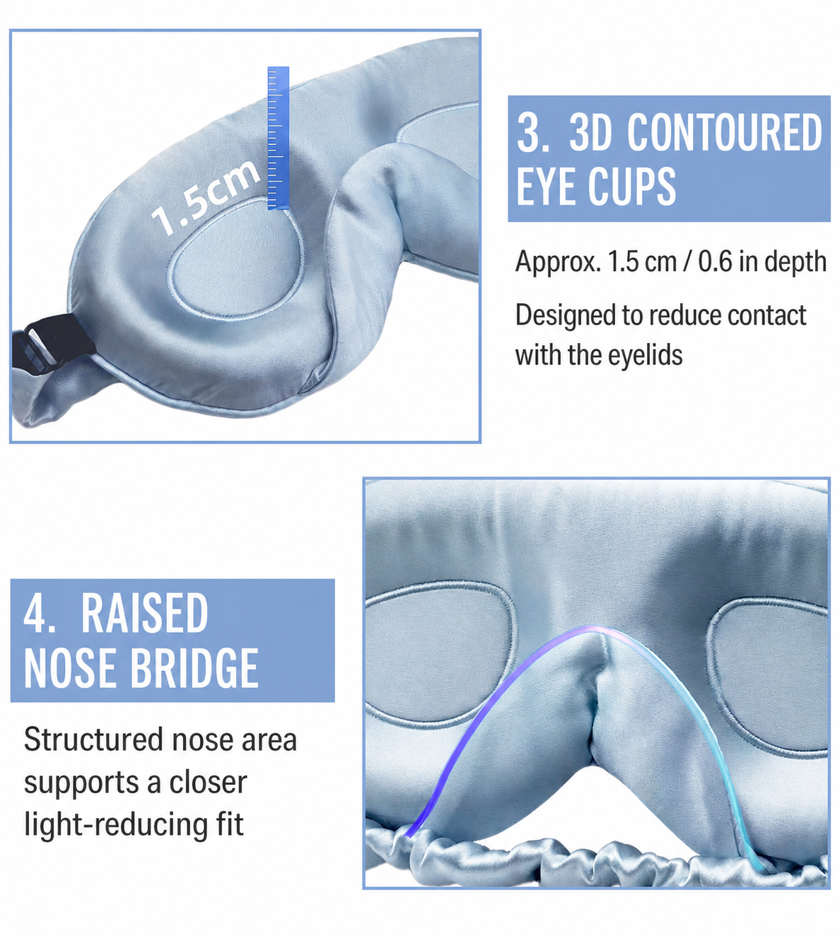 3D contoured eye cups and raised nose bridge details on the silk sleep mask
