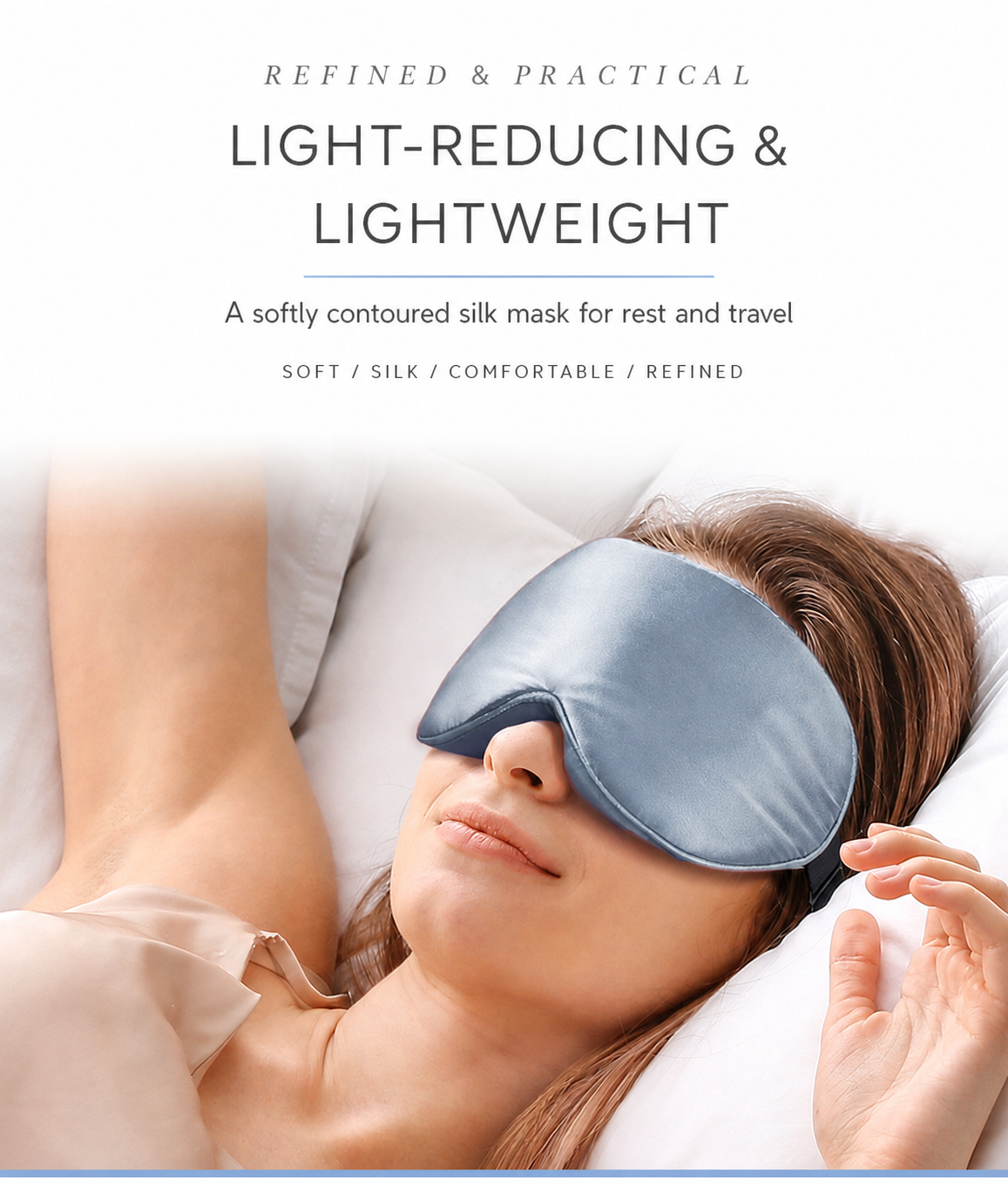 Woman resting in a slate blue lightweight silk sleep mask
