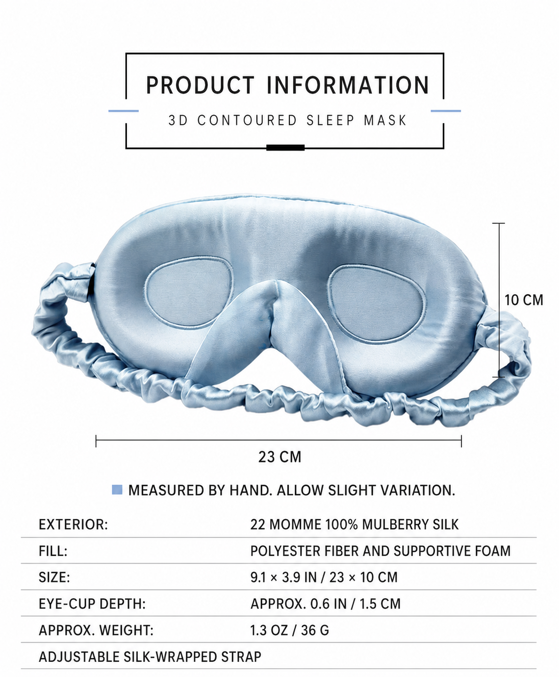 22 momme mulberry silk 3D sleep mask dimensions and materials