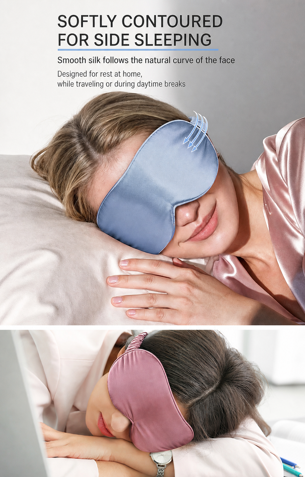 Blue and dusty rose silk sleep masks shown for side sleeping and daytime rest