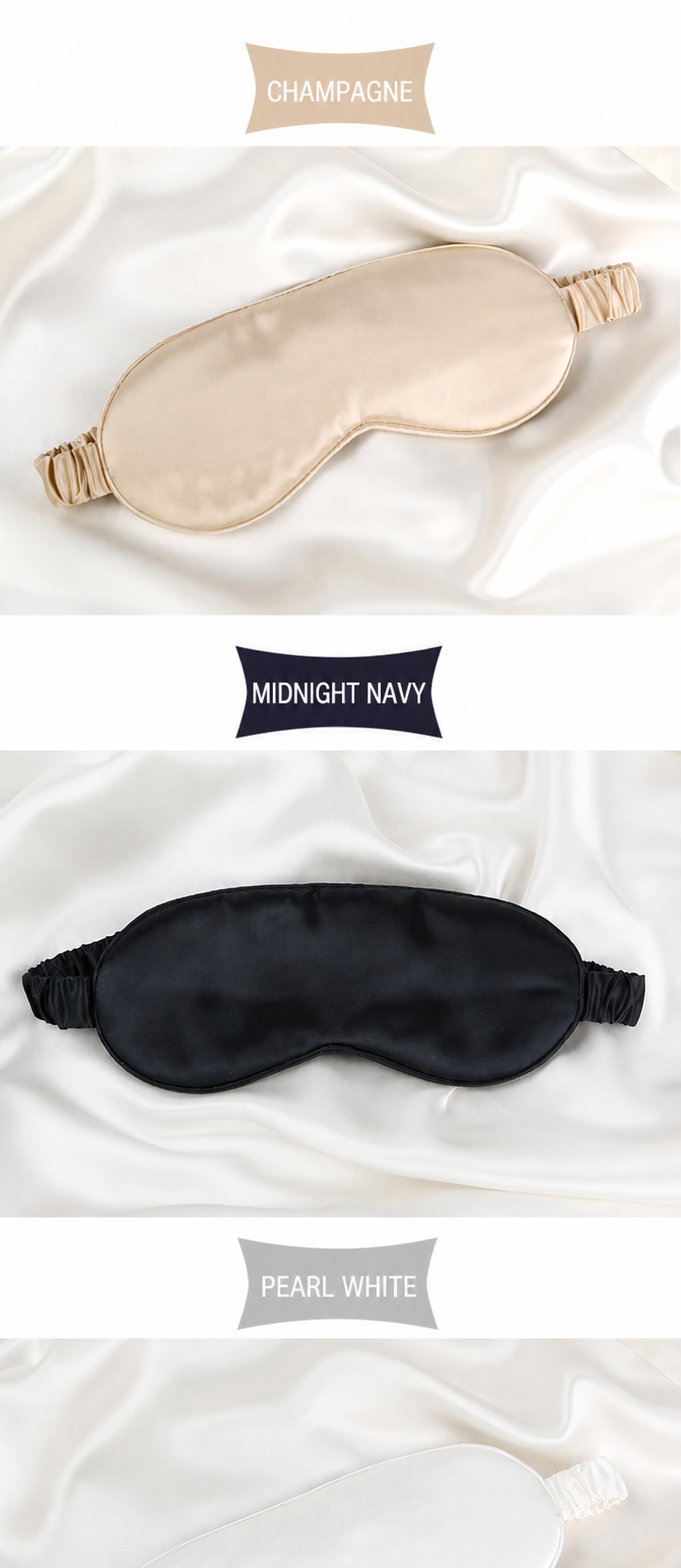 Champagne Midnight Navy and Pearl White classic silk sleep mask color options